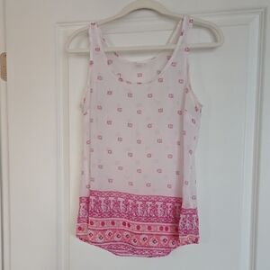 Old Navy White Sheer Tank with Pink Border Print Scoop Neck
